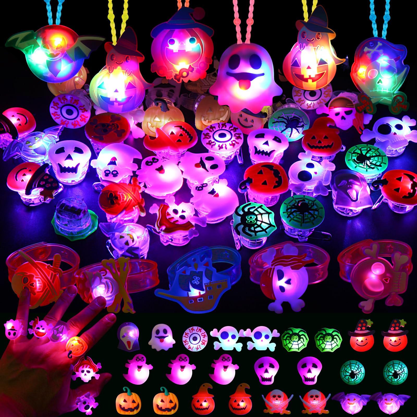 DIYASY 63 Pcs Halloween Party Favors, Light Up Rings Necklace LED Flash Bracelets Lighted Brooches Bulk Glow Toys Party Supplies Decorations for Kids