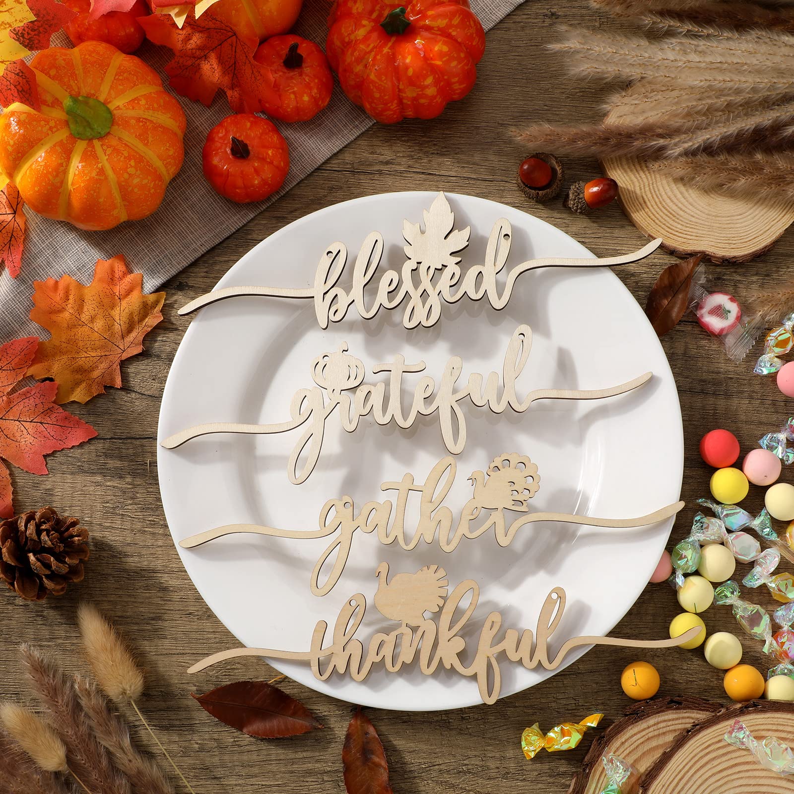 8 Pcs Thanksgiving Wood Cutout Cards Sign Grateful Blessed Gather Thankful Plates Thanksgiving Place Setting Decorations Hanging Thanksgiving Plate Decor for Home Table Setting Decor (Burlywood)