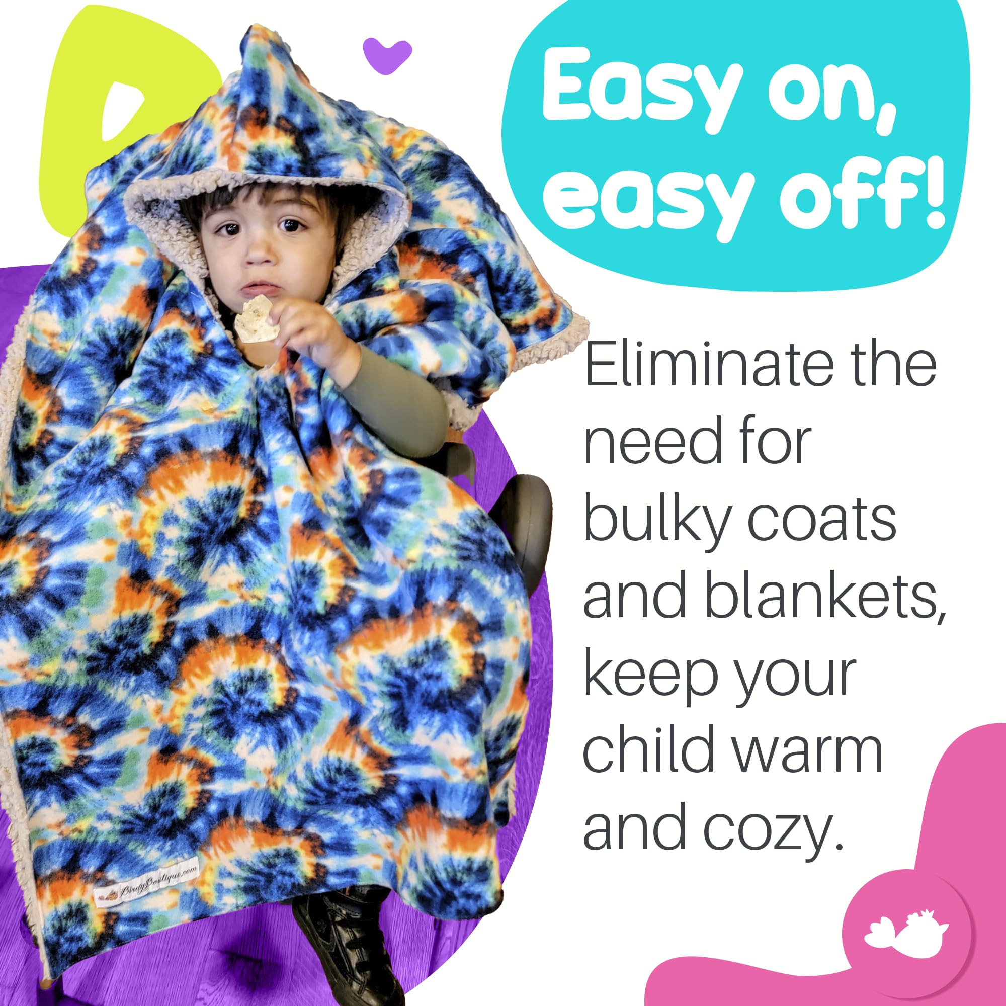 Birdy Boutique Car Seat Poncho for Kids – Safe to Use Over Seat Belts – Reversible Warm and Cozy Blanket – Easy on Easy Off and Doesn’t Impact Car Seat Performance – Tie Dye – One Size