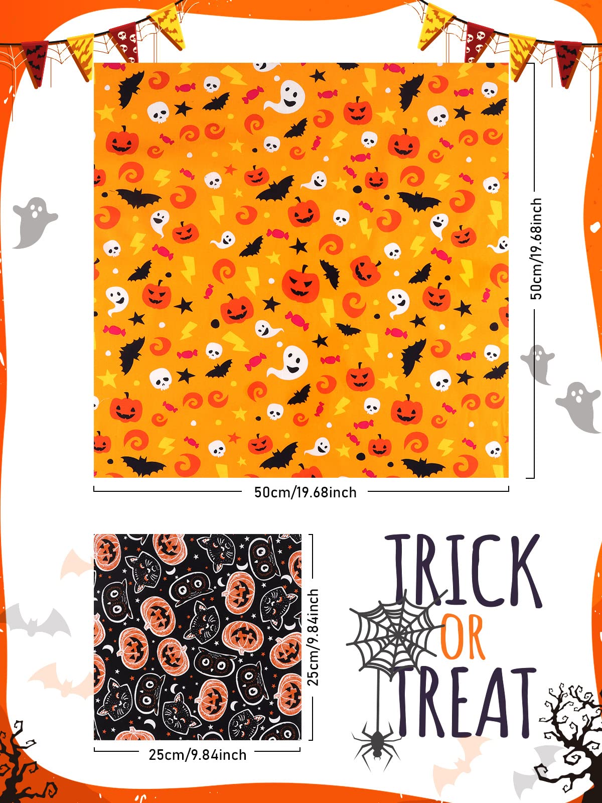 EBANKU 15 Pieces 20 x 20 Inch Halloween Fabric Squares and 10 x 10 Inch Halloween Theme Fabric Bat Pumpkin Ghost Skull Print Fabric Fat Quarters Sewing Squares for DIY Decorations Supplies Patchwork