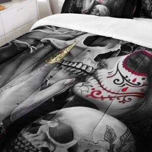 DYcolor 3D Red Flowers Girl Sugar Kiss Skull Printed Quilt, 3-Piece Gothic Crown Skull Skeleton Comforter Set with 1 Comforter and 2 Pillow Cases for Kids Women and Men (Queen)