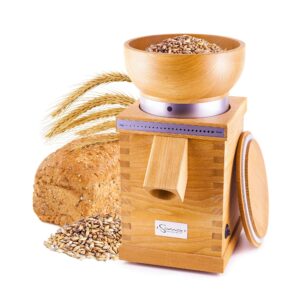 sana grain mill, premium grain mill, 850-gram capacity 100 gram per minute output 15 year warranty, made in germany, natural beech wood