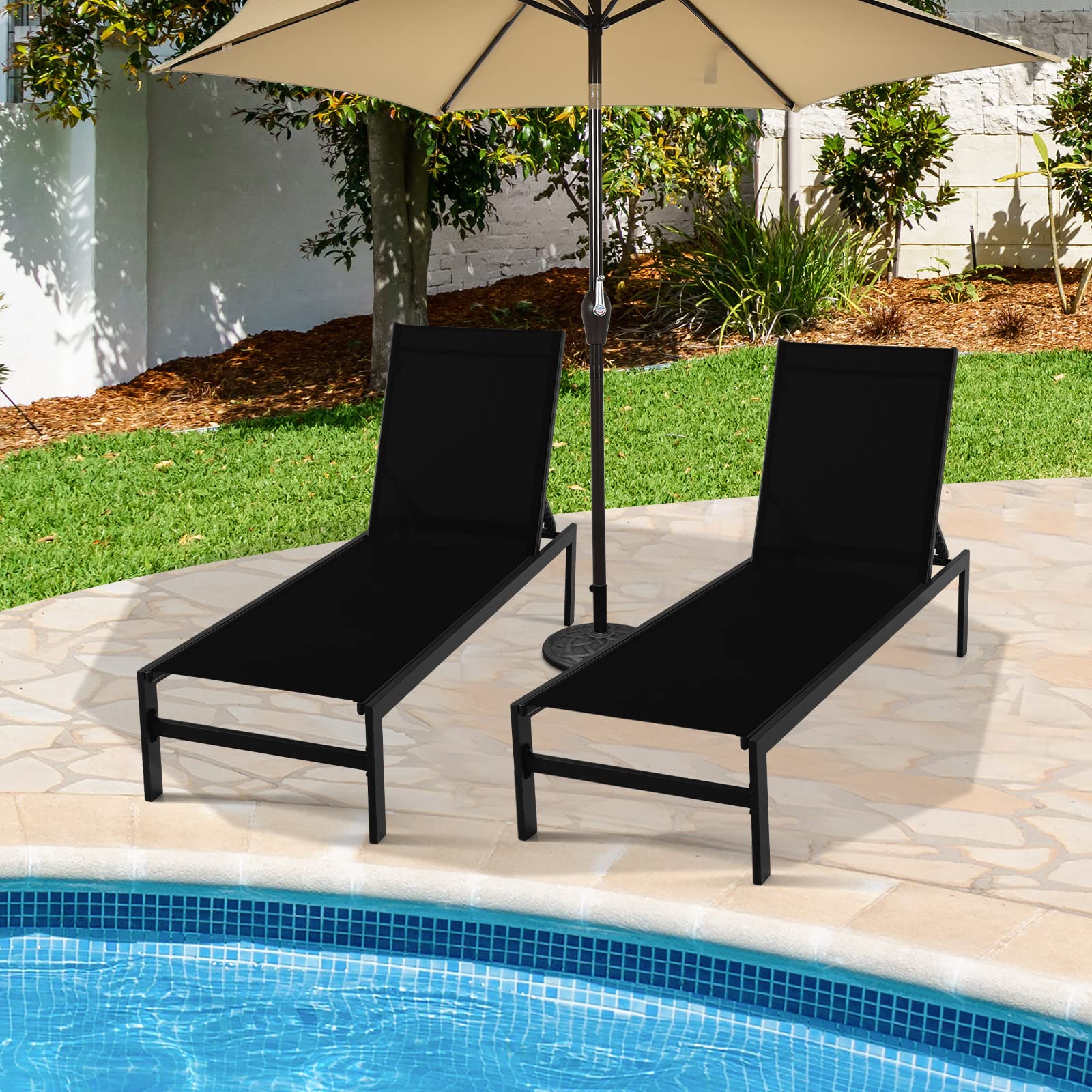 Giantex Set of 2 Patio Chaise Lounge Chair, Outdoor Sunbathing Chair Lawn Reclining Lounger with 6 Adjustable Position, Aluminium Frame, Tanning Chairs for Deck,Yard, Pool Lounge Chairs (2, Black)