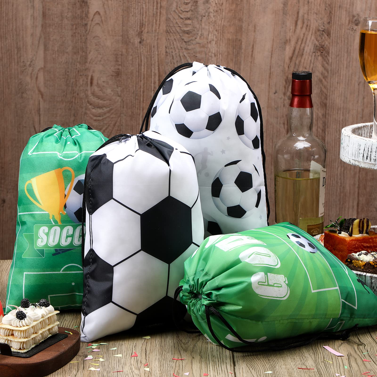 Shappy 12 Pcs Soccer Party Favor Bags Sports Party Drawstring Bags Candy Treat Reusable Cloth Bags Party Gift for Birthday Sports Party Soccer Football Basketball Baby Shower Decor Supplies (Soccer)