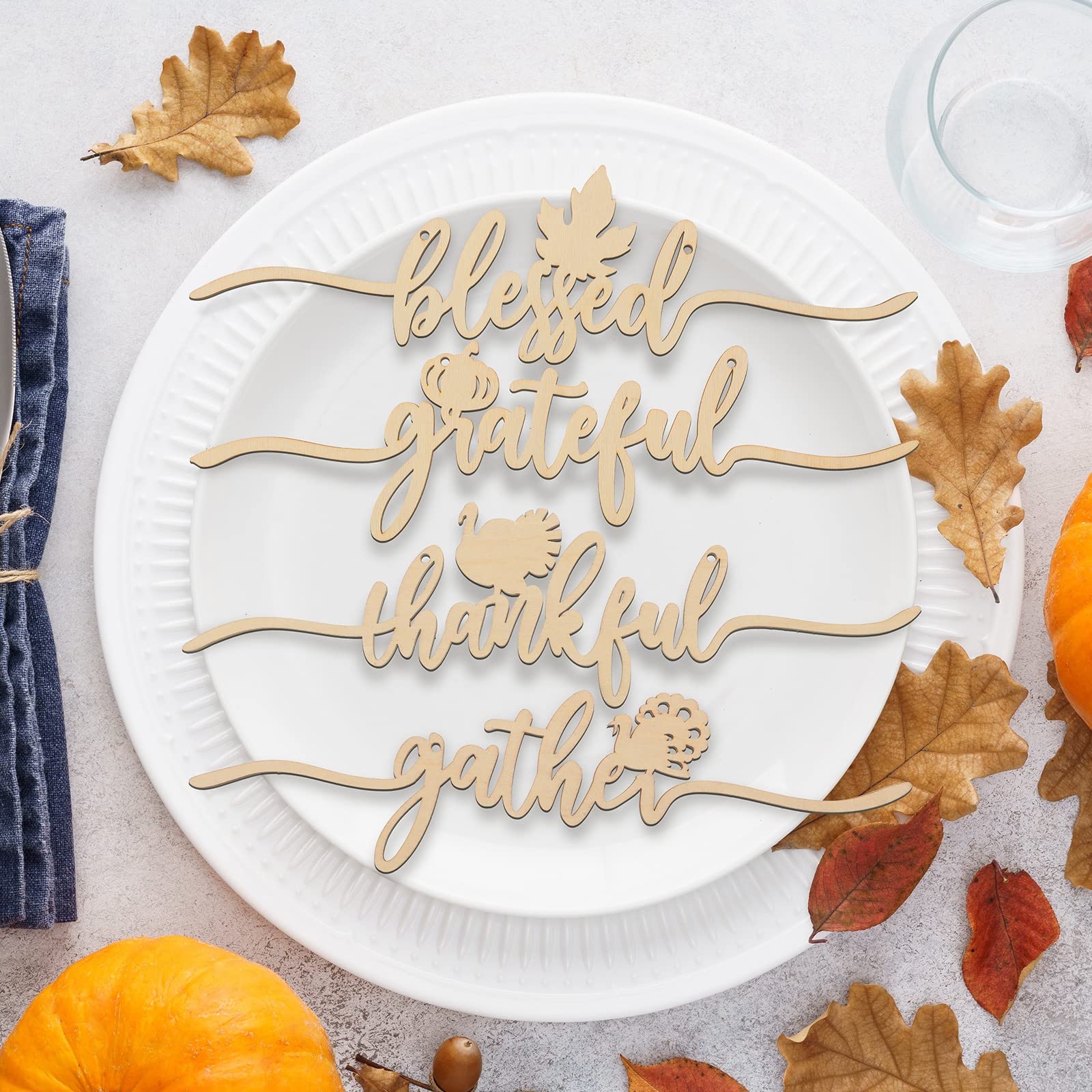 8 Pcs Thanksgiving Wood Cutout Cards Sign Grateful Blessed Gather Thankful Plates Thanksgiving Place Setting Decorations Hanging Thanksgiving Plate Decor for Home Table Setting Decor (Burlywood)