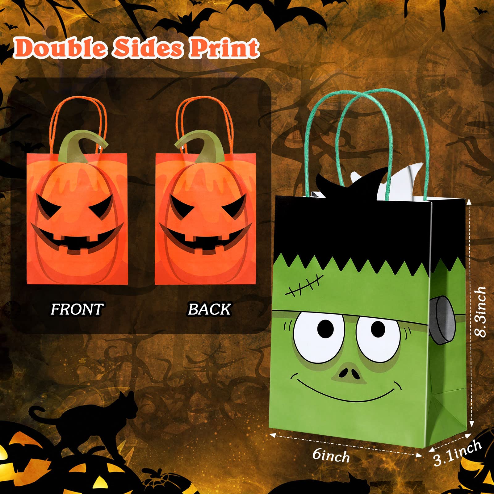 24 Pack Halloween Treat Bags Halloween Paper Gift Bags Trick or Treat Candy Goodie Bags with Handles Mummy Black Bat Frankenstein Vampires Evil Pumpkin Treat Bags for Halloween Party Favors Supplies