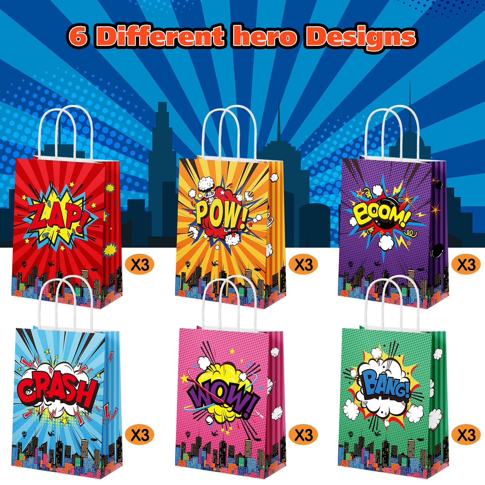 Pajean 18 Pcs Hero Party Favors Bags Comic Hero Kraft Paper Bags Goodie Candy Treat Gift Bags with Handle Boom Hero Theme Birthday Decorations Supplies