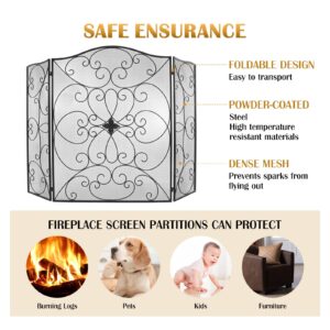 POWLAB Black Fireplace Screen 50 x 36Inch Large 3 Panel Foldable Wrought Iron Free Standing Fireplace Screen Rustic Vintage Arched Mesh Furnace Fireguards Outdoor Iron Protector Fireplace Cover