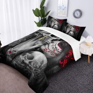 DYcolor 3D Red Flowers Girl Sugar Kiss Skull Printed Quilt, 3-Piece Gothic Crown Skull Skeleton Comforter Set with 1 Comforter and 2 Pillow Cases for Kids Women and Men (Queen)