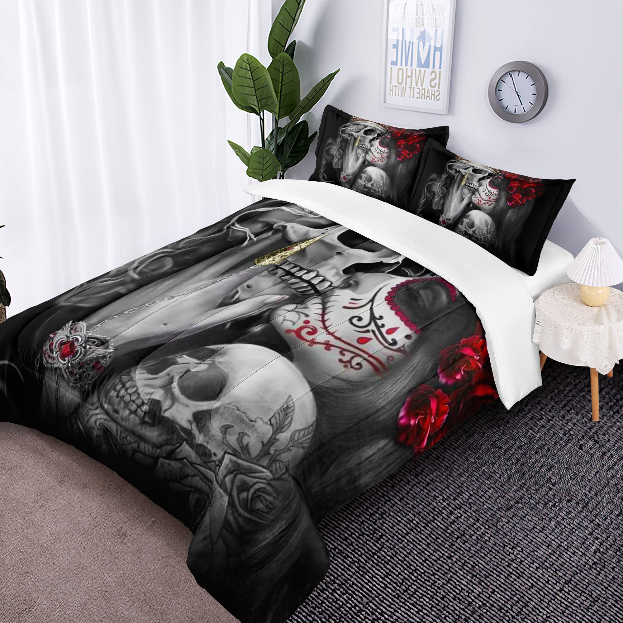 DYcolor 3D Red Flowers Girl Sugar Kiss Skull Printed Quilt, 3-Piece Gothic Crown Skull Skeleton Comforter Set with 1 Comforter and 2 Pillow Cases for Kids Women and Men (Queen)