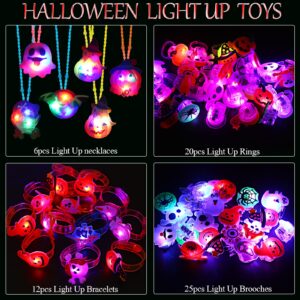 DIYASY 63 Pcs Halloween Party Favors, Light Up Rings Necklace LED Flash Bracelets Lighted Brooches Bulk Glow Toys Party Supplies Decorations for Kids