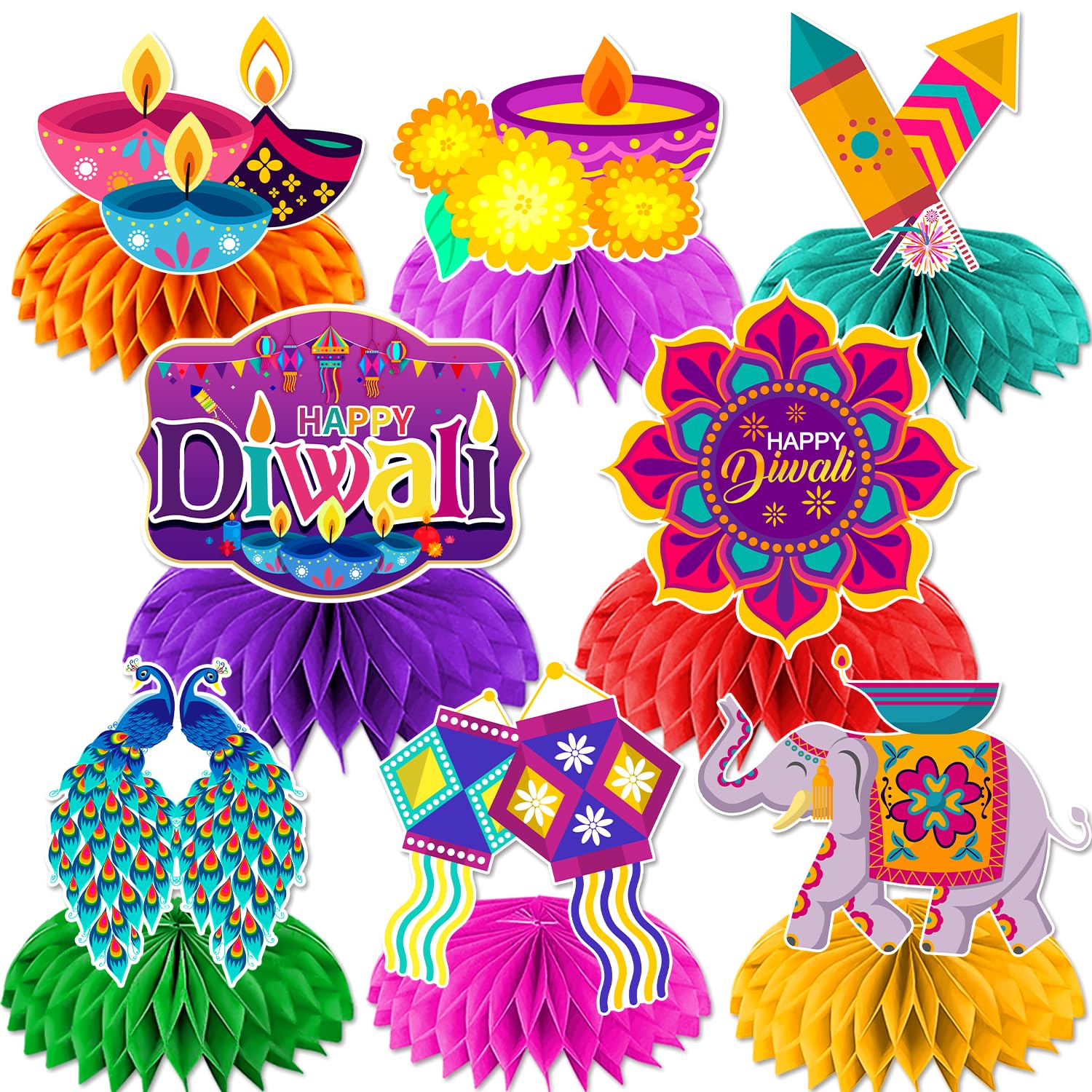 8pcs Diwali Table Decorations, Diwali Party Decorations Honeycomb Centerpieces Happy Diwali Decorations for Indian Festival Diwali Rangoli Decorations Deepavali Decorations Table Topper cocomigo