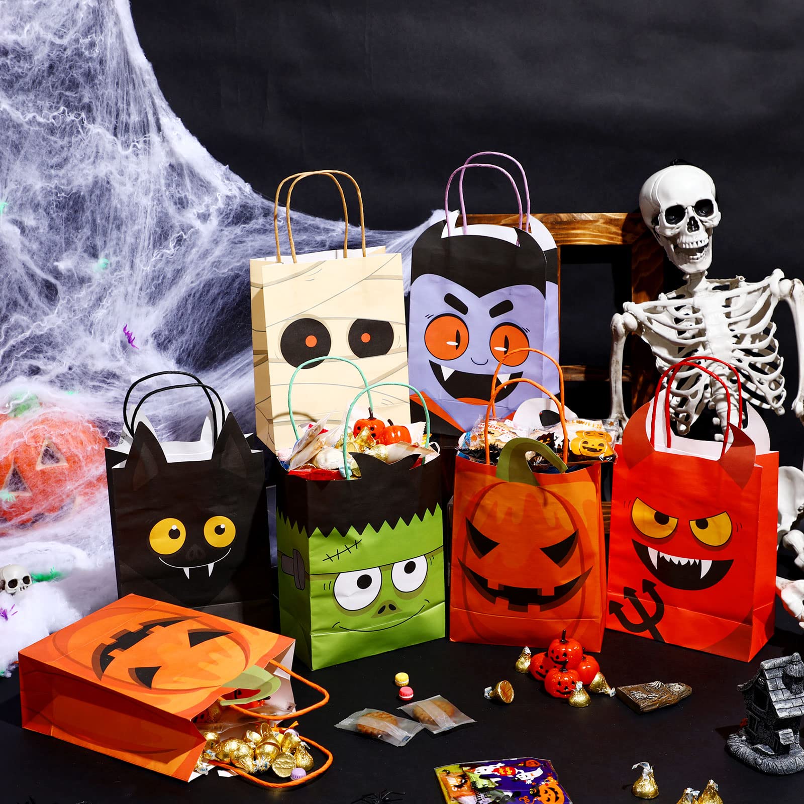 24 Pack Halloween Treat Bags Halloween Paper Gift Bags Trick or Treat Candy Goodie Bags with Handles Mummy Black Bat Frankenstein Vampires Evil Pumpkin Treat Bags for Halloween Party Favors Supplies