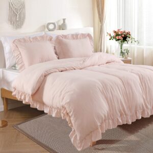 fashionwu duvet cover queen size, microfiber ruffled duvet cover set soft and breathable queen duvet cover set for all season 3 pieces (1 duvet cover, 2 pillowcases), pink