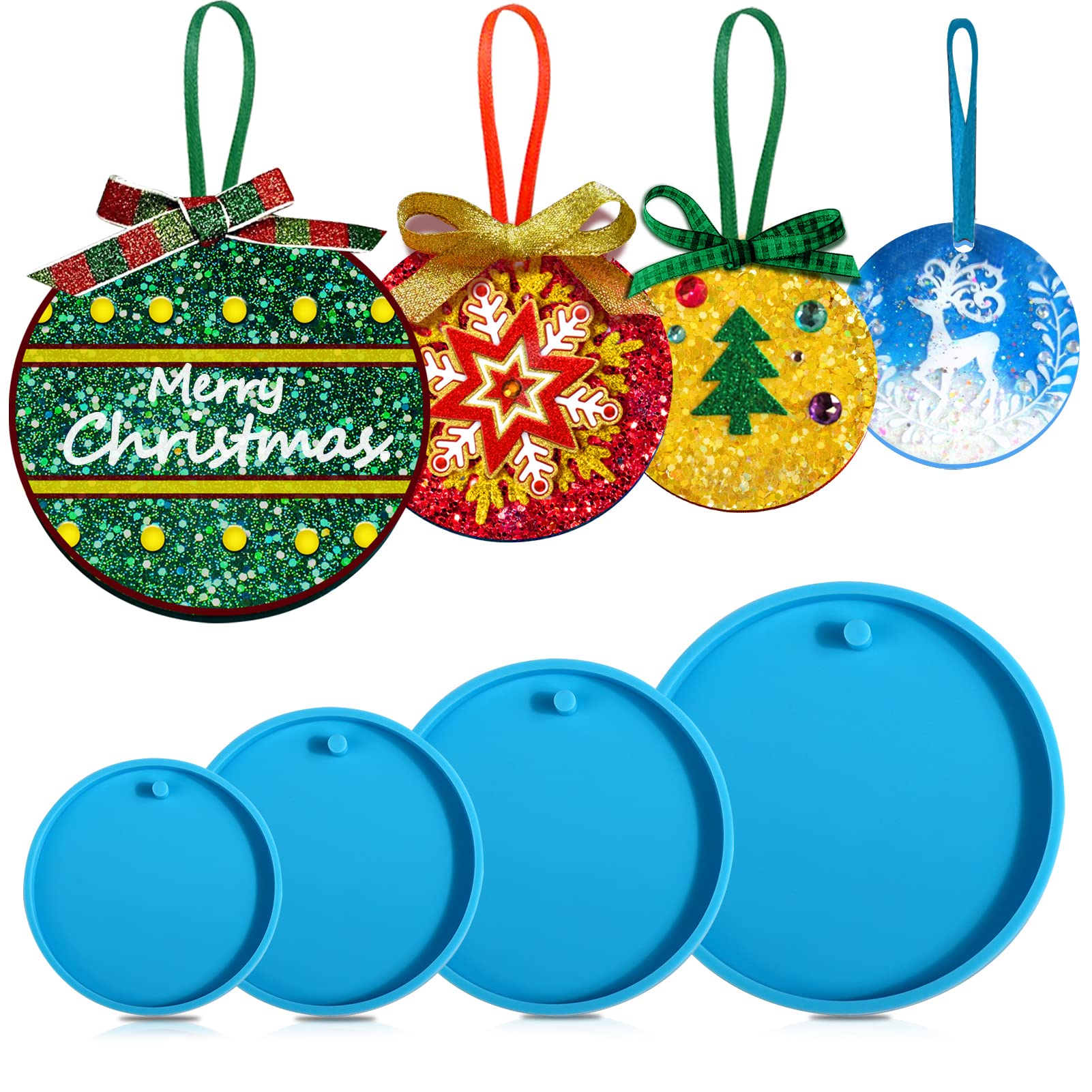 Juome Christmas Ornaments Resin Molds Silicone, 4 Pcs Round Shape Pendant Christmas Molds for Epoxy Resin, DIY Crafts Keychain Making Christmas Tree Decorations