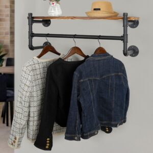 WEBI Wall Mounted Clothes Rack with Shelf,32" Industrial Pipe Clothing Rack with Shelves,Heavy Duty Iron Garment Rack Bar,Retail Display Clothes Rod for Clothes,Laundry Room,Black