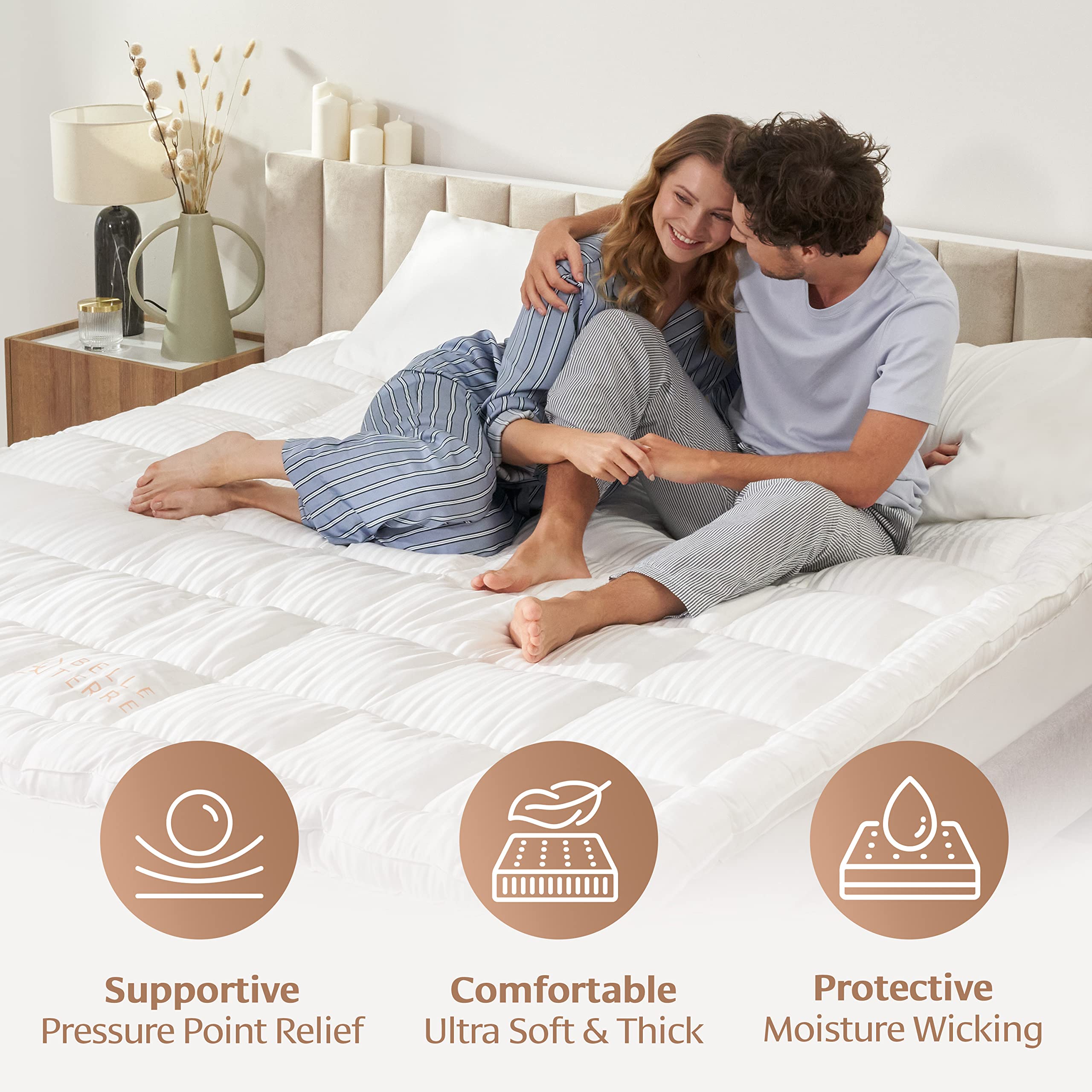 BELLE TERRE 100% Viscose Derived from Bamboo Cooling Mattress Topper King Size - Ultra Soft & Thick Mattress Pad - Bed Cushion with Cover and Deep Pockets