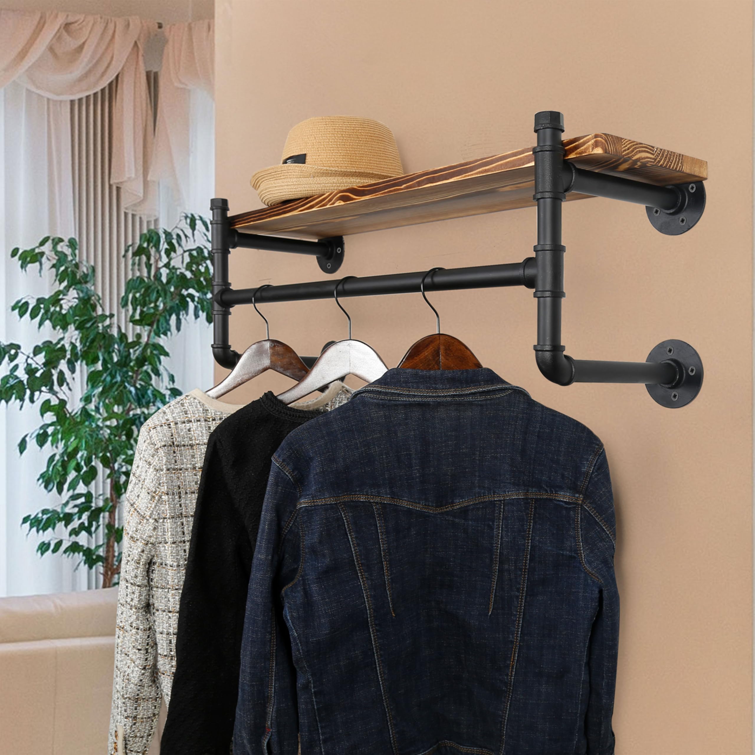 WEBI Wall Mounted Clothes Rack with Shelf,32" Industrial Pipe Clothing Rack with Shelves,Heavy Duty Iron Garment Rack Bar,Retail Display Clothes Rod for Clothes,Laundry Room,Black