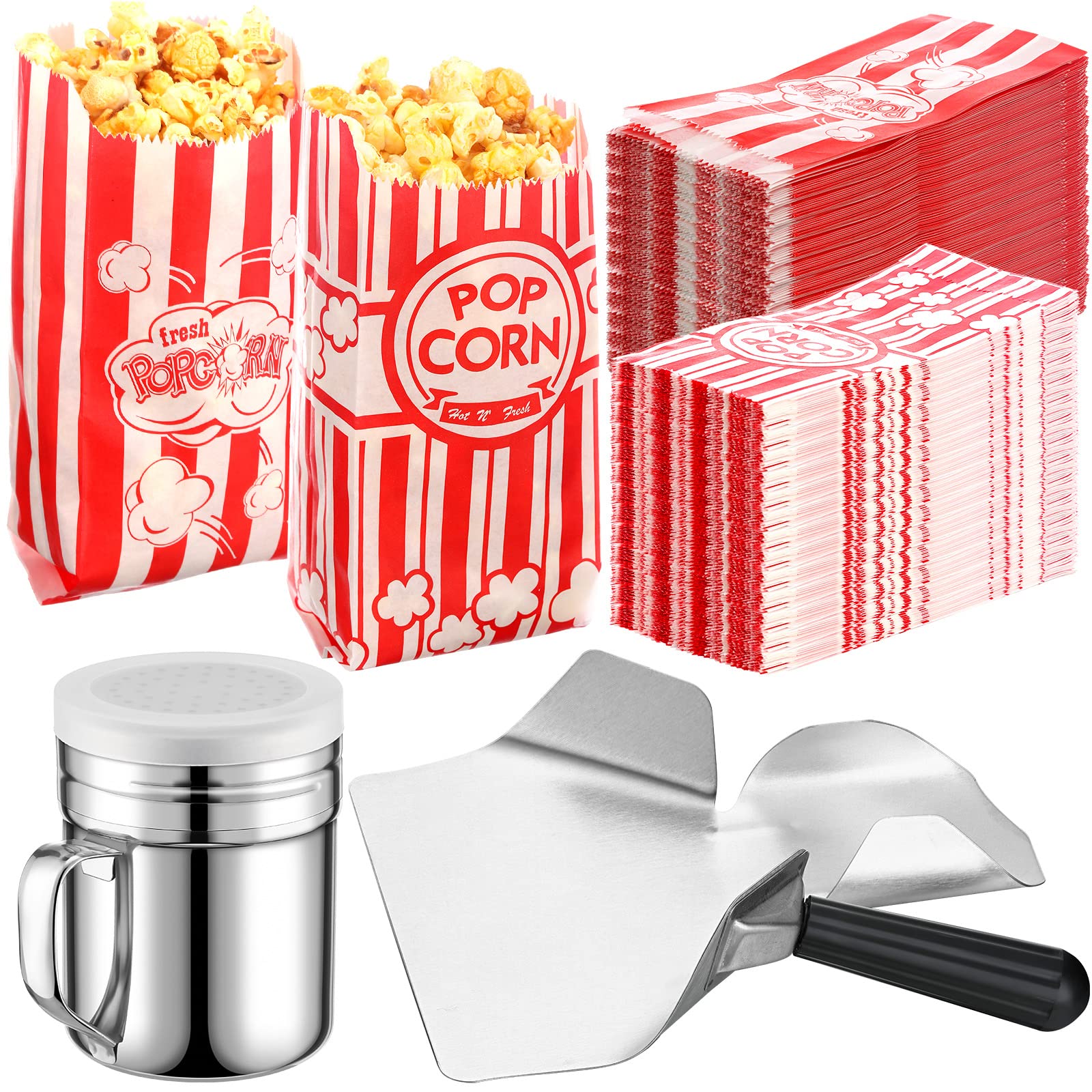 602 Popcorn Machine Supplies Set Sifting Speed Stainless Steel Popcorn Scoop Popcorn Salt Shaker 600 Pcs 2 Styles 1 oz Popcorn Bags Seasoning Dredge with Handle for Home Kitchen Theater Movie Tool