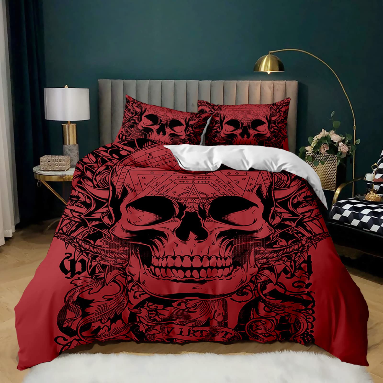 Duvet Cover California King Size red Goth Skull with Zipper Closure Comforter Sets Microfiber Duvet Cover Set (104 X 98 Inches)+ 2 Pillowcases(20"X36")