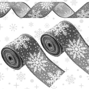 canlierr 2 rolls 12 yard 2.5 inch christmas snowflake ribbon christmas wired ribbons for wreath fabric polyester decorative ribbons gift wrapping ribbon for christmas tree party decoration(gray)