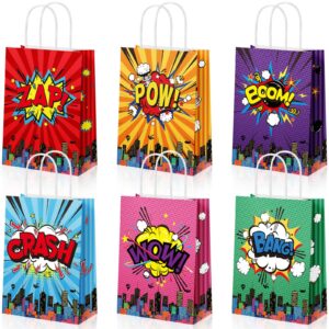 pajean 18 pcs hero party favors bags comic hero kraft paper bags goodie candy treat gift bags with handle boom hero theme birthday decorations supplies