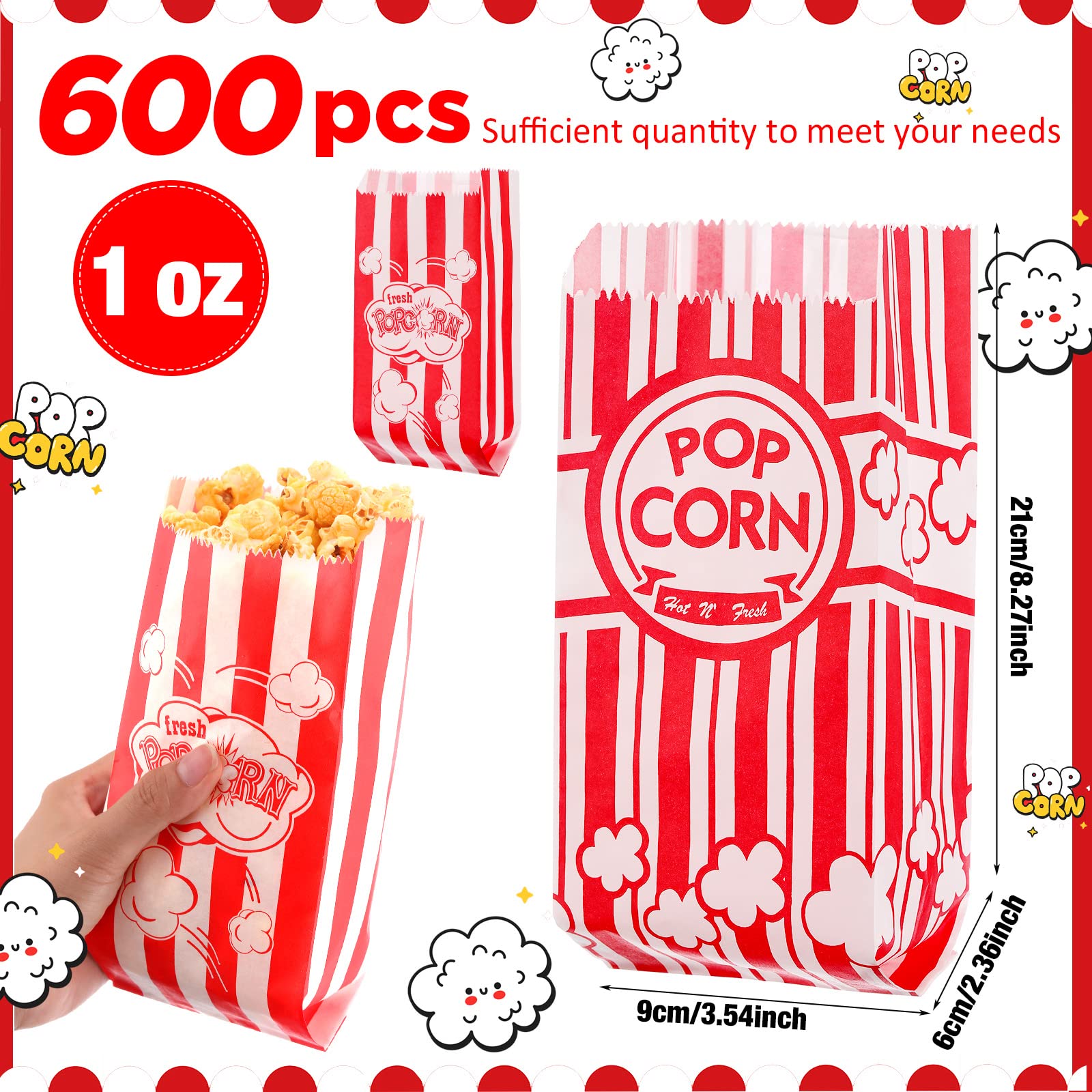 602 Popcorn Machine Supplies Set Sifting Speed Stainless Steel Popcorn Scoop Popcorn Salt Shaker 600 Pcs 2 Styles 1 oz Popcorn Bags Seasoning Dredge with Handle for Home Kitchen Theater Movie Tool