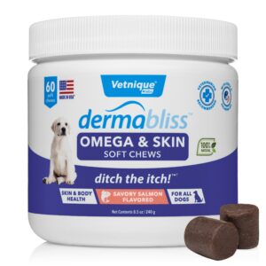 VETNIQUE Dermabliss Omega & Skin Supplement Chews for Dogs (60ct) & Glandex Anal Gland Support Peanut Butter Soft Chews for Dogs (60ct) Bundle