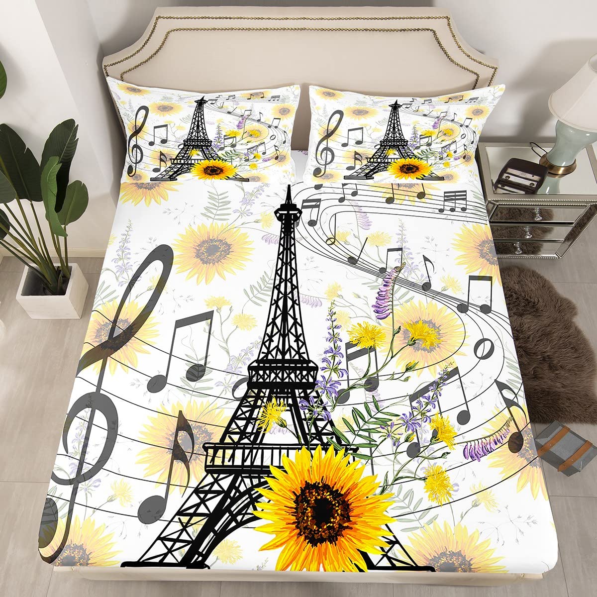 Eiffel Tower Kids Deep Pocket Fitted Sheet Cute Sunflower Bed Sheet Set for Boys Children Teens Bedroom Decor Paris Tower Bedding Set Floral Music Themed Bed Cover Queen Size with 2 Pillow Case