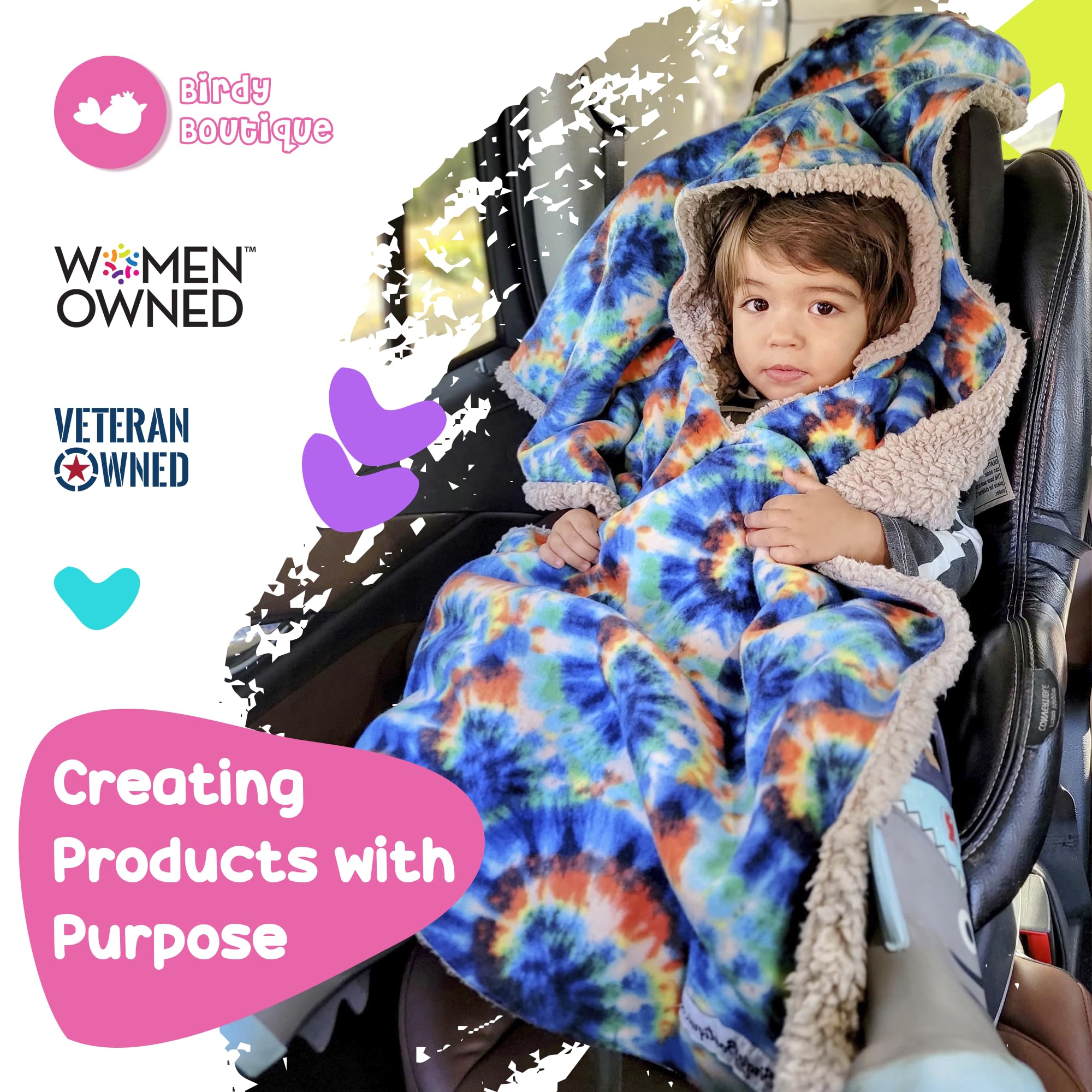 Birdy Boutique Car Seat Poncho for Kids – Safe to Use Over Seat Belts – Reversible Warm and Cozy Blanket – Easy on Easy Off and Doesn’t Impact Car Seat Performance – Tie Dye – One Size