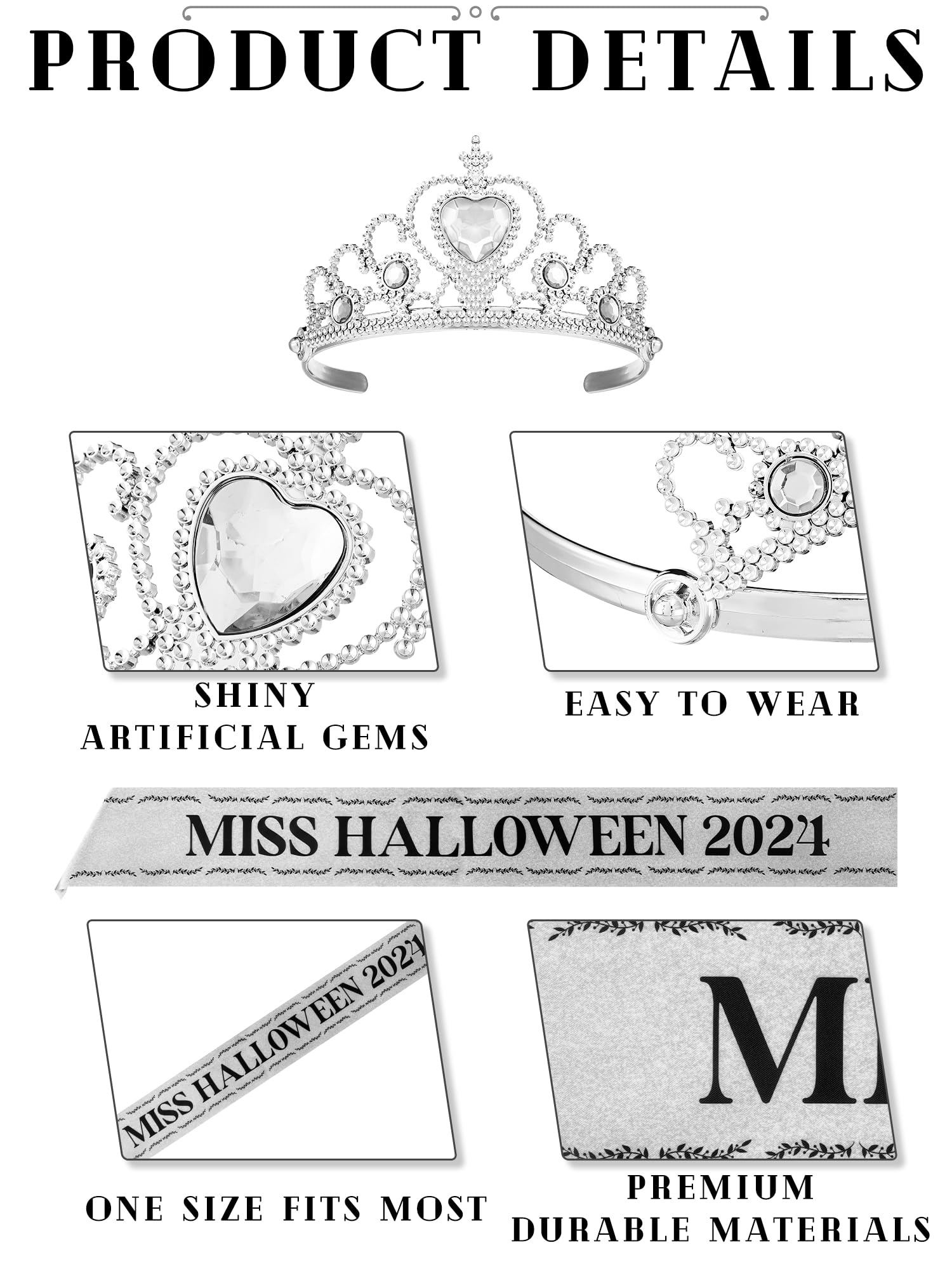 Ferraycle Miss Halloween 2024 Crown and Sash Cosplay Costume Kit for Women Silver Crystal Tiara Rhinestone Crown Princess Crown Headband Halloween Queen Sash for Party Decorations