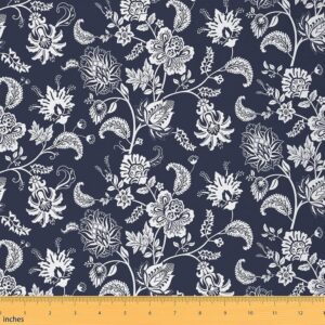 paisley floral upholstery fabric for chairs, bohemian exotic style outdoor fabric by the yard, retro indian style flower decorative fabric for upholstery and home diy projects, 1 yard, navy blue