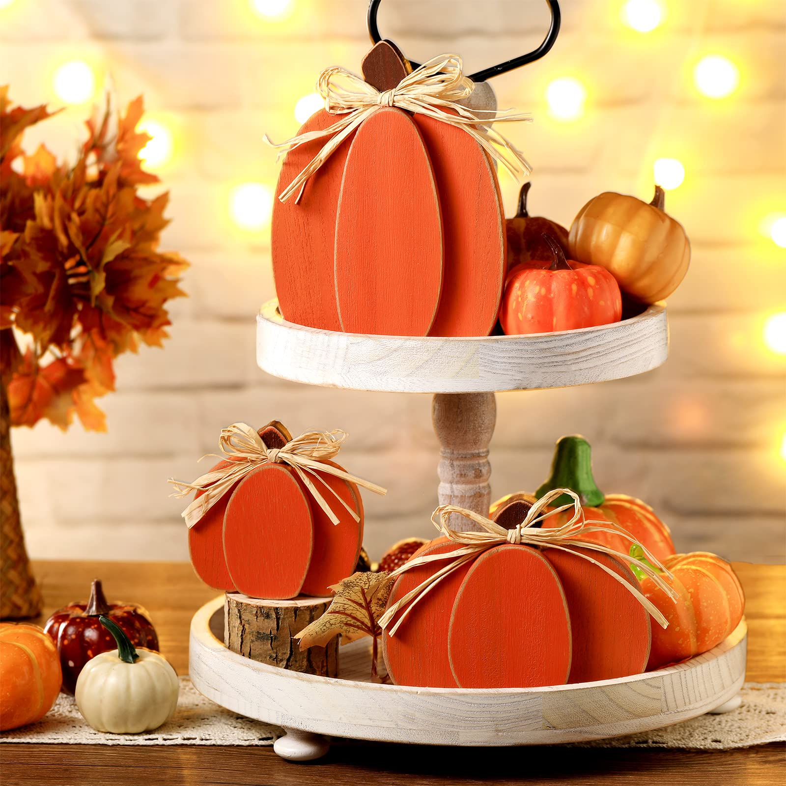 Ferraycle 3 Pcs Thanksgiving Pumpkin Decor Fall Decor Autumn Farmhouse Sign Rustic Tiered Tray Decorations Table Centerpieces Standing Wooden Block Sign for Halloween Home Kitchen