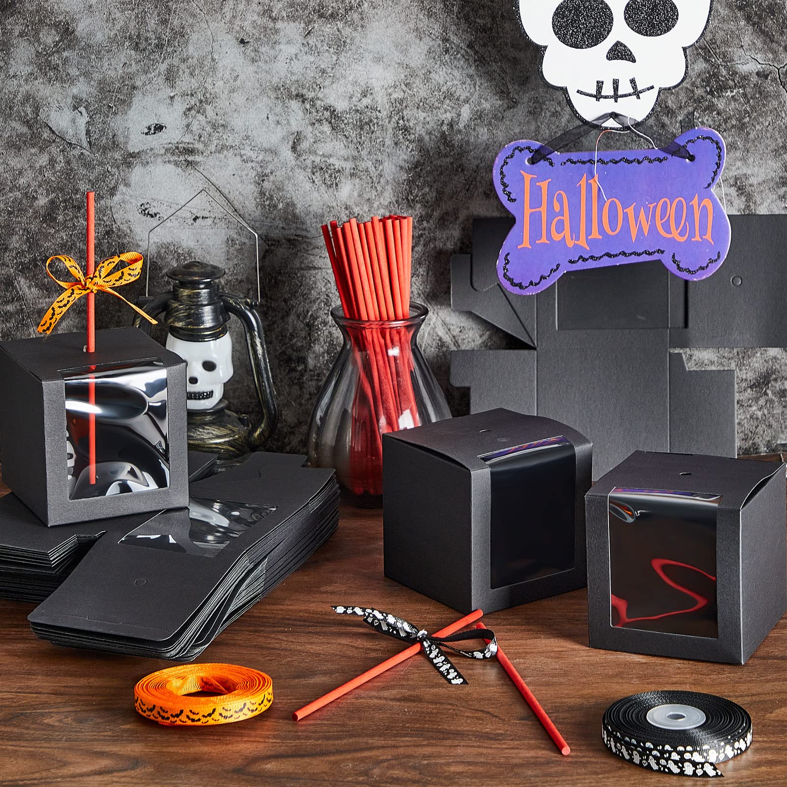 50 Sets Halloween Kraft Candy Apple Boxes with Hole Stick and Ribbons 4x4x4'' Window Clear Favor Boxes Candied Cake Cookies Chocolate Caramel Apple Boxes Gift Treat Boxes for Wedding Party (Black)