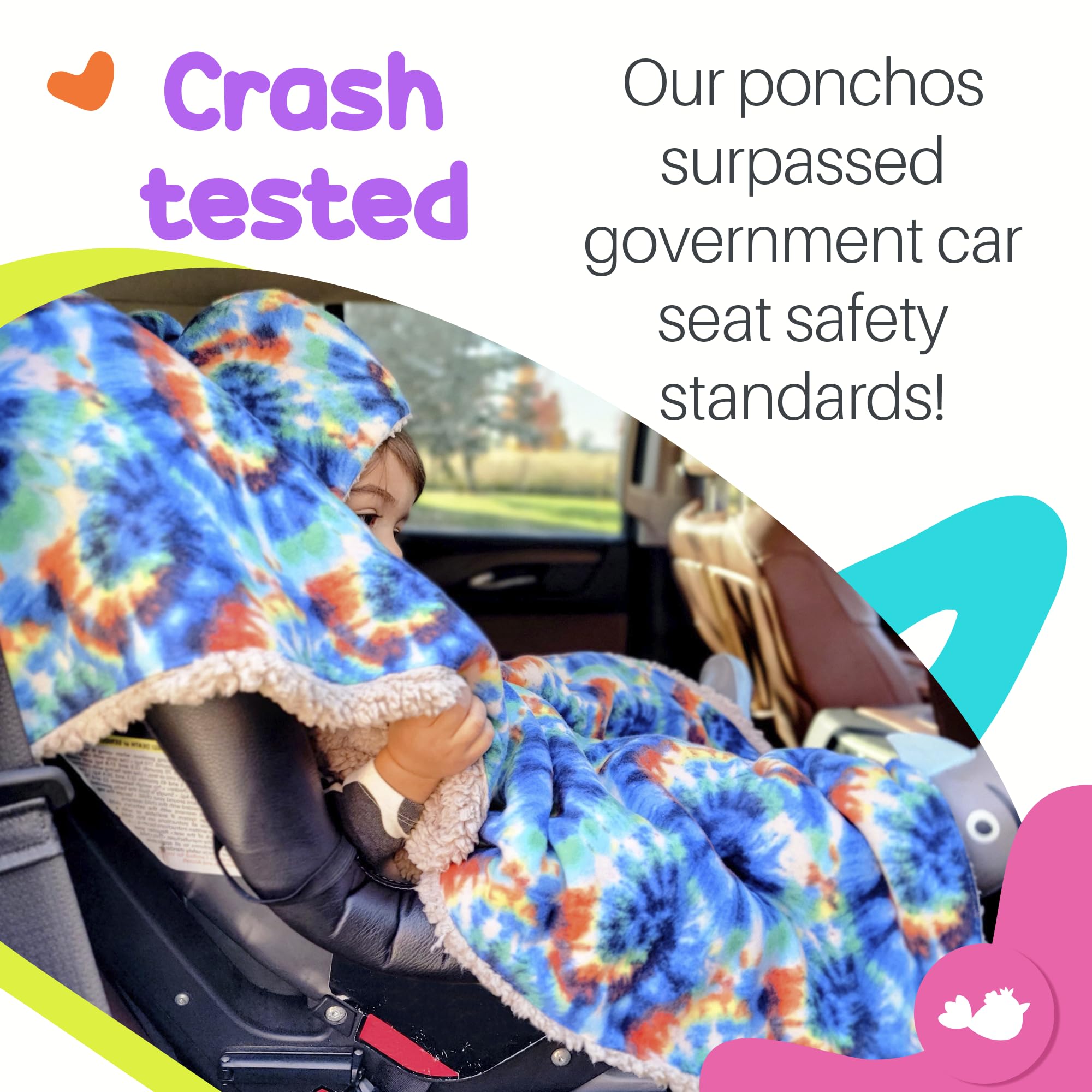 Birdy Boutique Car Seat Poncho for Kids – Safe to Use Over Seat Belts – Reversible Warm and Cozy Blanket – Easy on Easy Off and Doesn’t Impact Car Seat Performance – Tie Dye – One Size