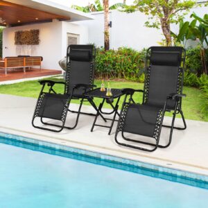 Tangkula 3 Pieces Outdoor Zero Gravity Chair Set, Folding Reclining Lounge Chair with Adjustable Backrest, Head Pillow, Matching Table with Cup Holder, Camping Recliner for Poolside, Yard (Black)