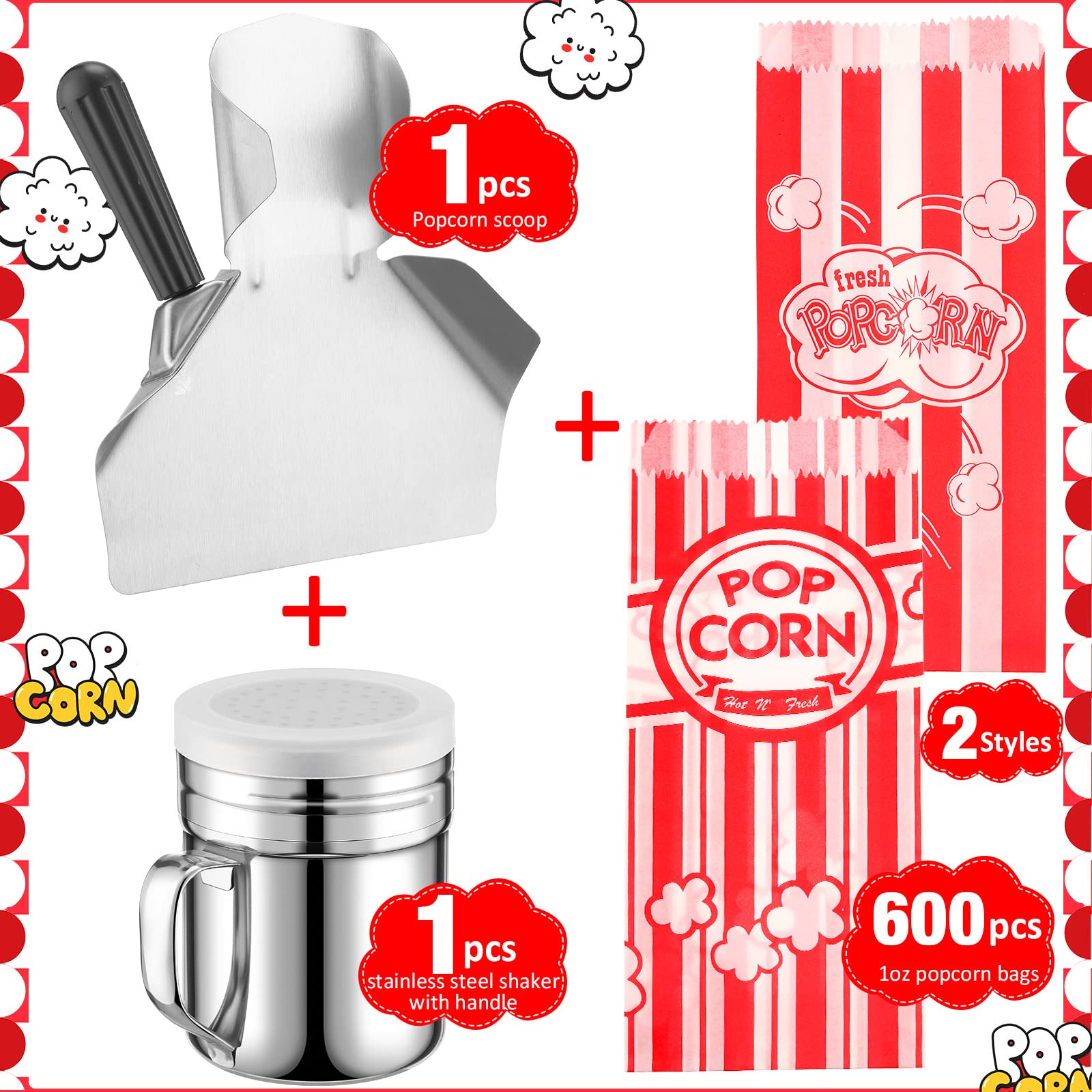 602 Popcorn Machine Supplies Set Sifting Speed Stainless Steel Popcorn Scoop Popcorn Salt Shaker 600 Pcs 2 Styles 1 oz Popcorn Bags Seasoning Dredge with Handle for Home Kitchen Theater Movie Tool