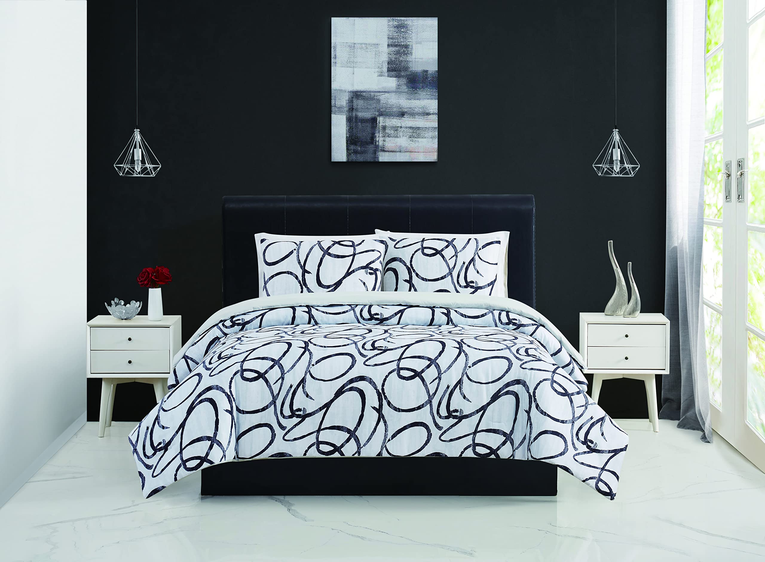 Christian Siriano NY Mimic Collection, 3 Piece Duvet Set - Full/Queen, White/Black