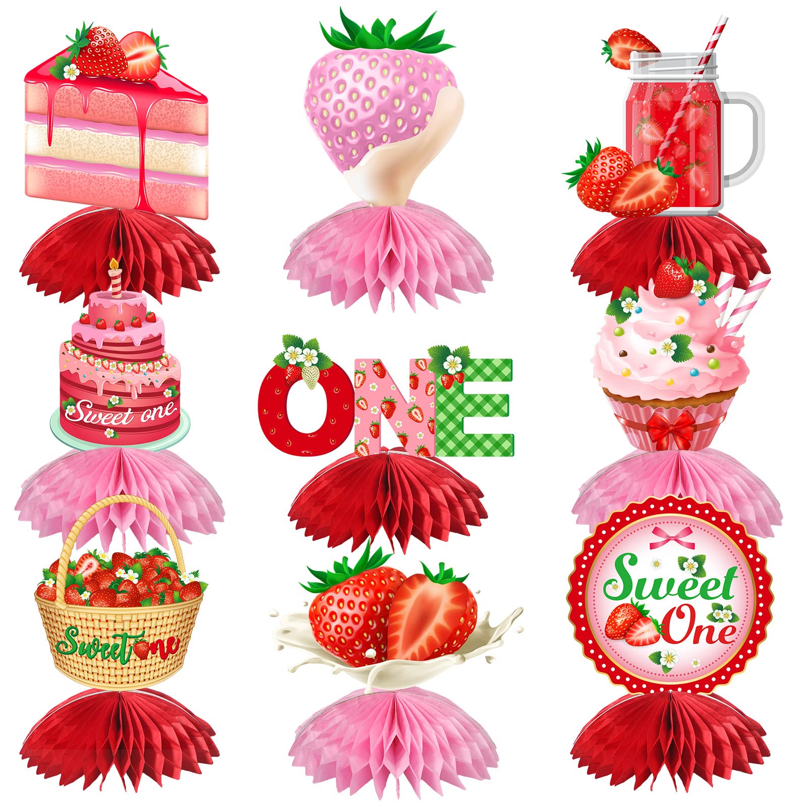 9 Pieces Strawberry Sweet One Honeycomb Centerpieces Strawberry First Birthday Party Table Decorations 1st Table Centerpieces Toppers for Baby Girls Boys Baby Shower Birthday Party Supplies