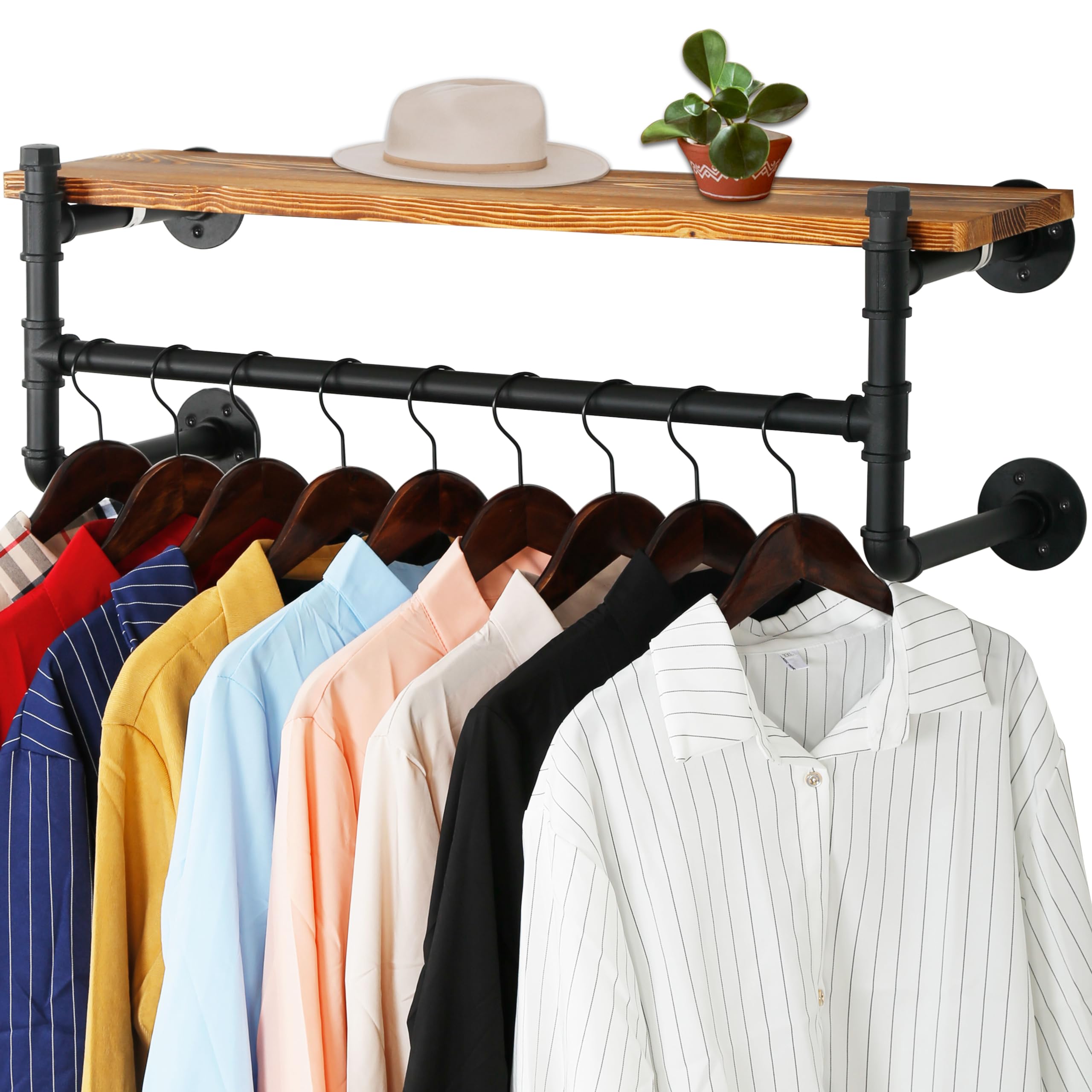 WEBI Wall Mounted Clothes Rack with Shelf,32" Industrial Pipe Clothing Rack with Shelves,Heavy Duty Iron Garment Rack Bar,Retail Display Clothes Rod for Clothes,Laundry Room,Black