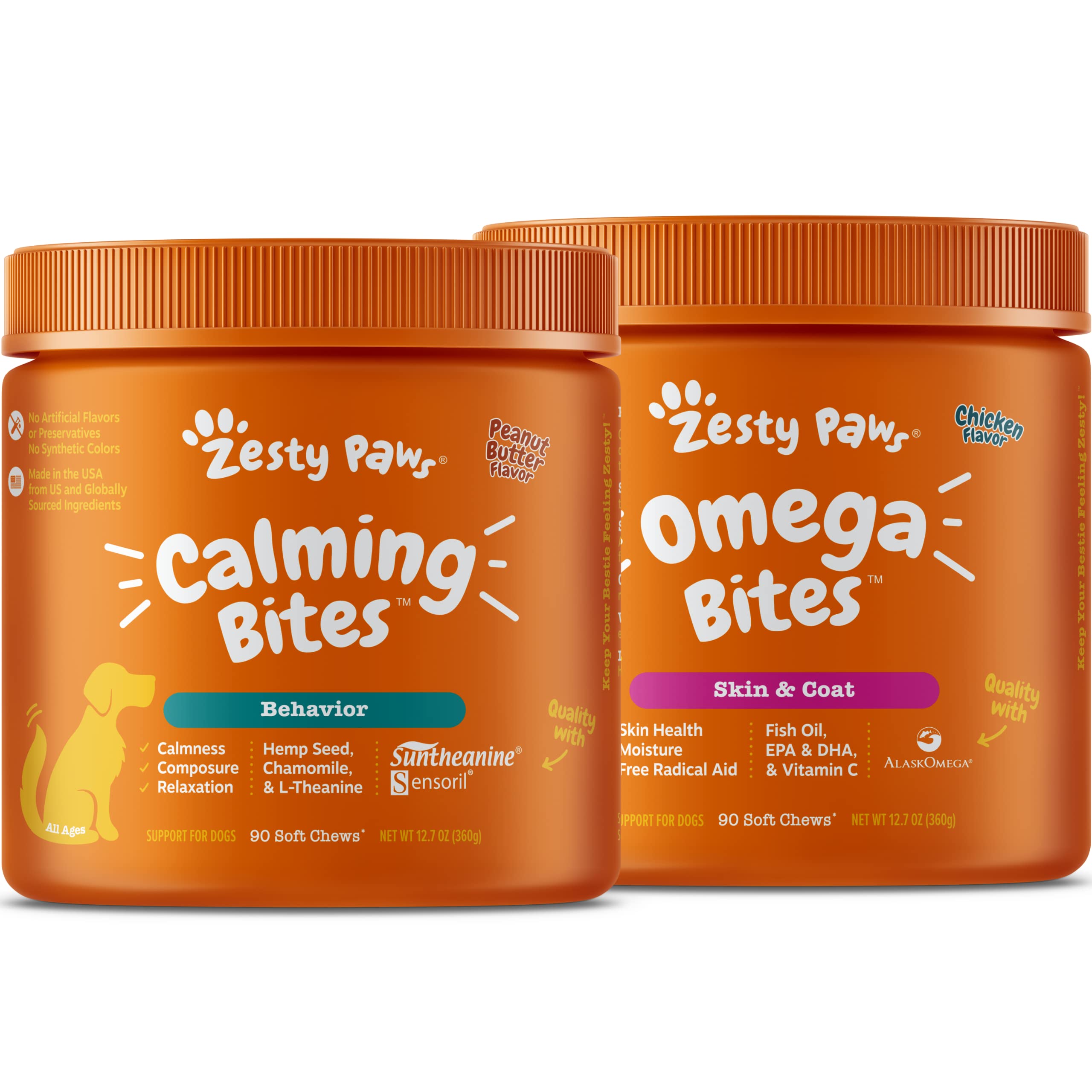 Zesty Paws Calming Soft Chews for Dogs - Composure & Relaxation for Everyday Stress + Omega 3 Alaskan Fish Oil Chew Treats for Dogs - with AlaskOmega