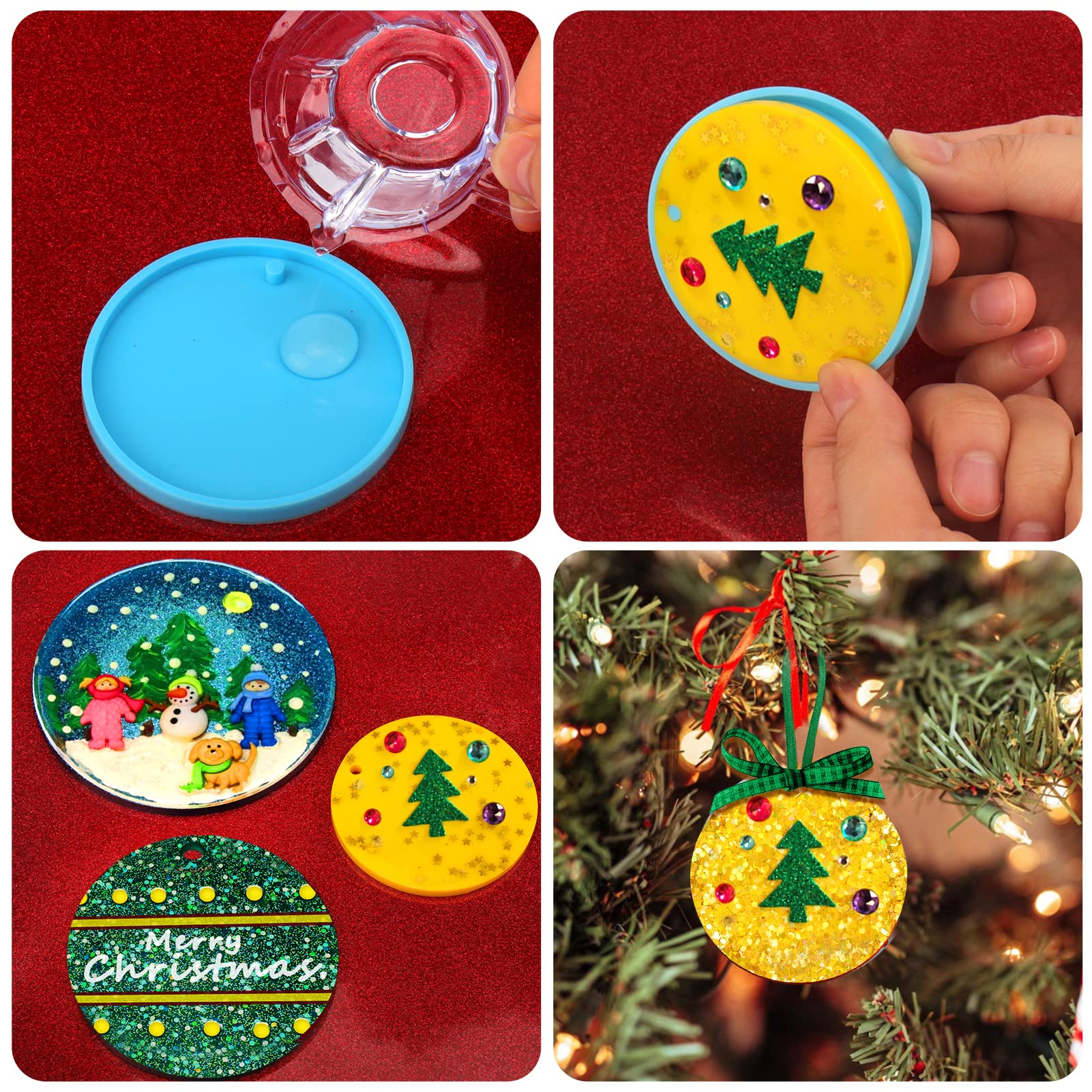 Juome Christmas Ornaments Resin Molds Silicone, 4 Pcs Round Shape Pendant Christmas Molds for Epoxy Resin, DIY Crafts Keychain Making Christmas Tree Decorations