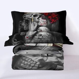 DYcolor 3D Red Flowers Girl Sugar Kiss Skull Printed Quilt, 3-Piece Gothic Crown Skull Skeleton Comforter Set with 1 Comforter and 2 Pillow Cases for Kids Women and Men (Queen)