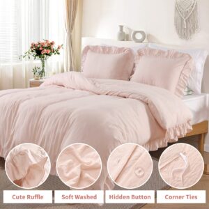 Fashionwu Duvet Cover Queen Size, Microfiber Ruffled Duvet Cover Set Soft and Breathable Queen Duvet Cover Set for All Season 3 Pieces (1 Duvet Cover, 2 Pillowcases), Pink