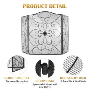 POWLAB Black Fireplace Screen 50 x 36Inch Large 3 Panel Foldable Wrought Iron Free Standing Fireplace Screen Rustic Vintage Arched Mesh Furnace Fireguards Outdoor Iron Protector Fireplace Cover