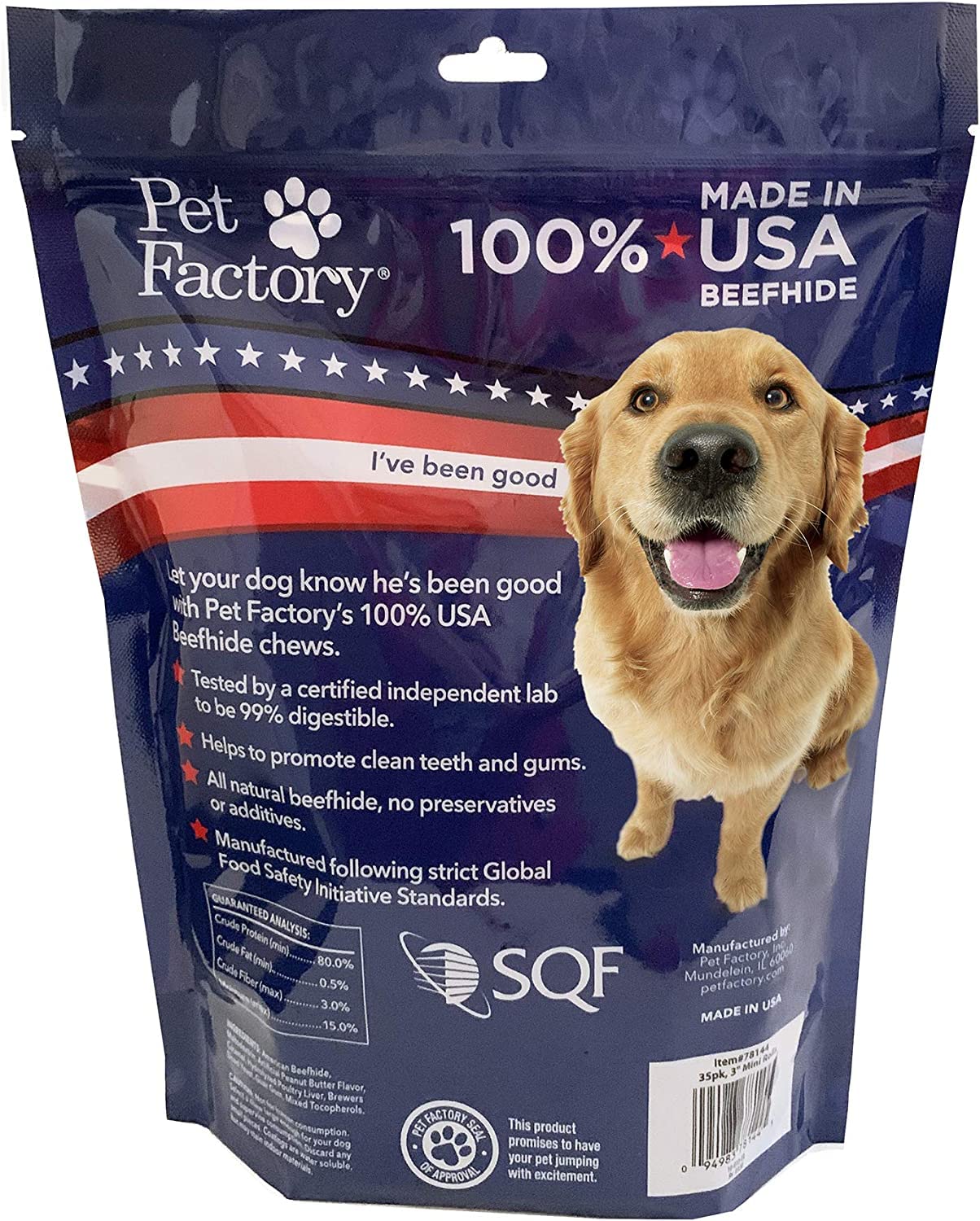 Pet Factory 100% Made in USA Beefhide 3-3.5" Mini Rolls Dog Chew Treats - Peanut Butter Flavor, 35 Count/1 Pack