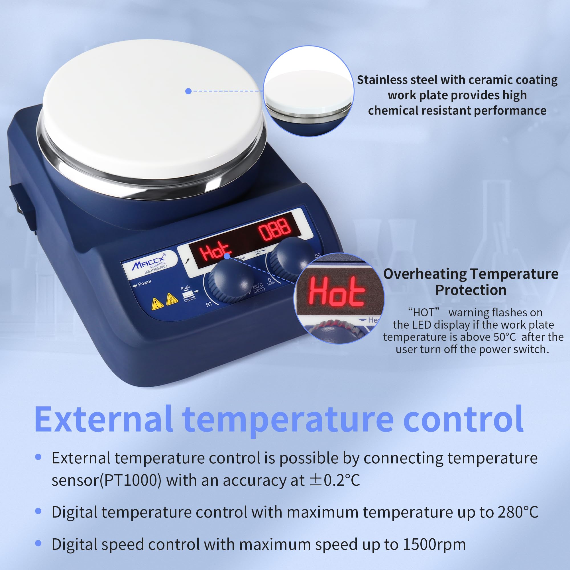 Maccx Magnetic Stirrer Hot Plate with Support Stand, 5.3 inch Digital Hotplate, Max 536℉/280℃, LED Panel, Temperature Control & Speed Adjust, 1500 RPM Lab Stirrers Hotplate, HMS280-001