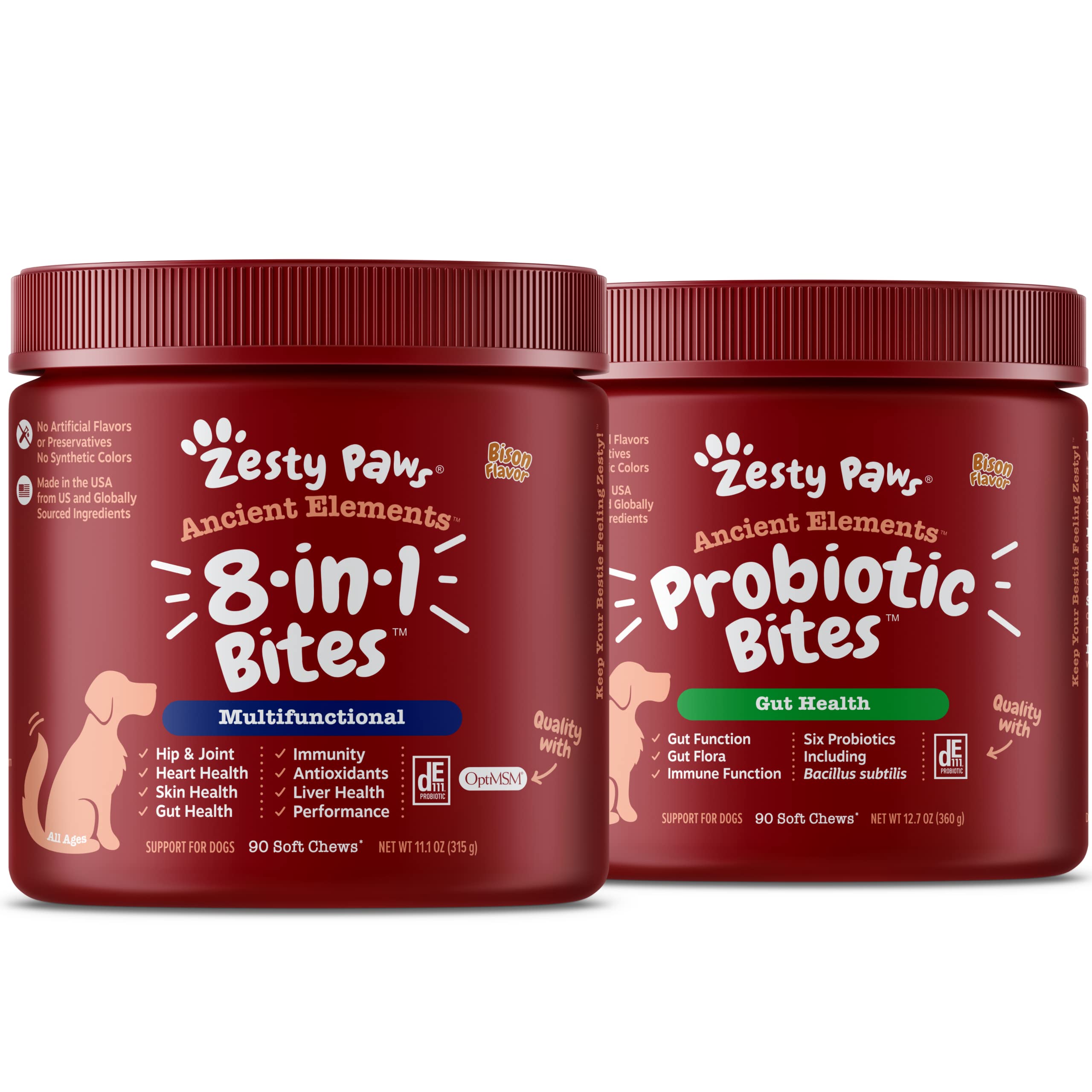 Ancient Elements Probiotics for Dogs - Chewable Dog Probiotic Supplement + Ancient Elements 8-in-1 Bites for Dogs - Joint, Skin, Gut, Immune, Heart Support