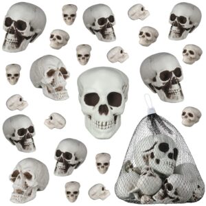 leyndo 23 pcs halloween skeleton head muti size mini plastic skull props realistic looking skulls human skeleton with net bag for halloween party, halloween decor props, bar home table decoration