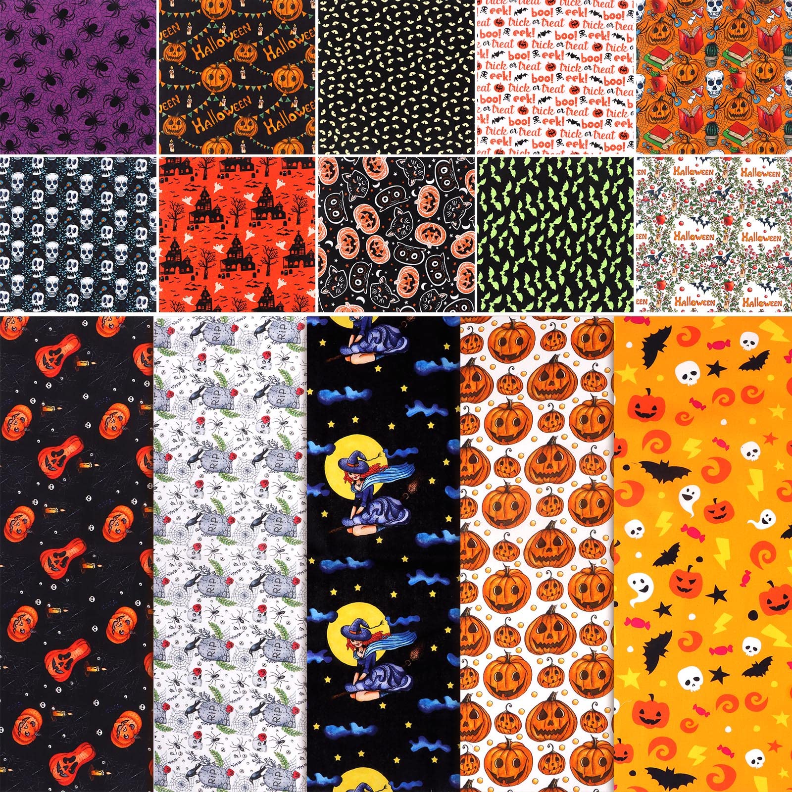 EBANKU 15 Pieces 20 x 20 Inch Halloween Fabric Squares and 10 x 10 Inch Halloween Theme Fabric Bat Pumpkin Ghost Skull Print Fabric Fat Quarters Sewing Squares for DIY Decorations Supplies Patchwork